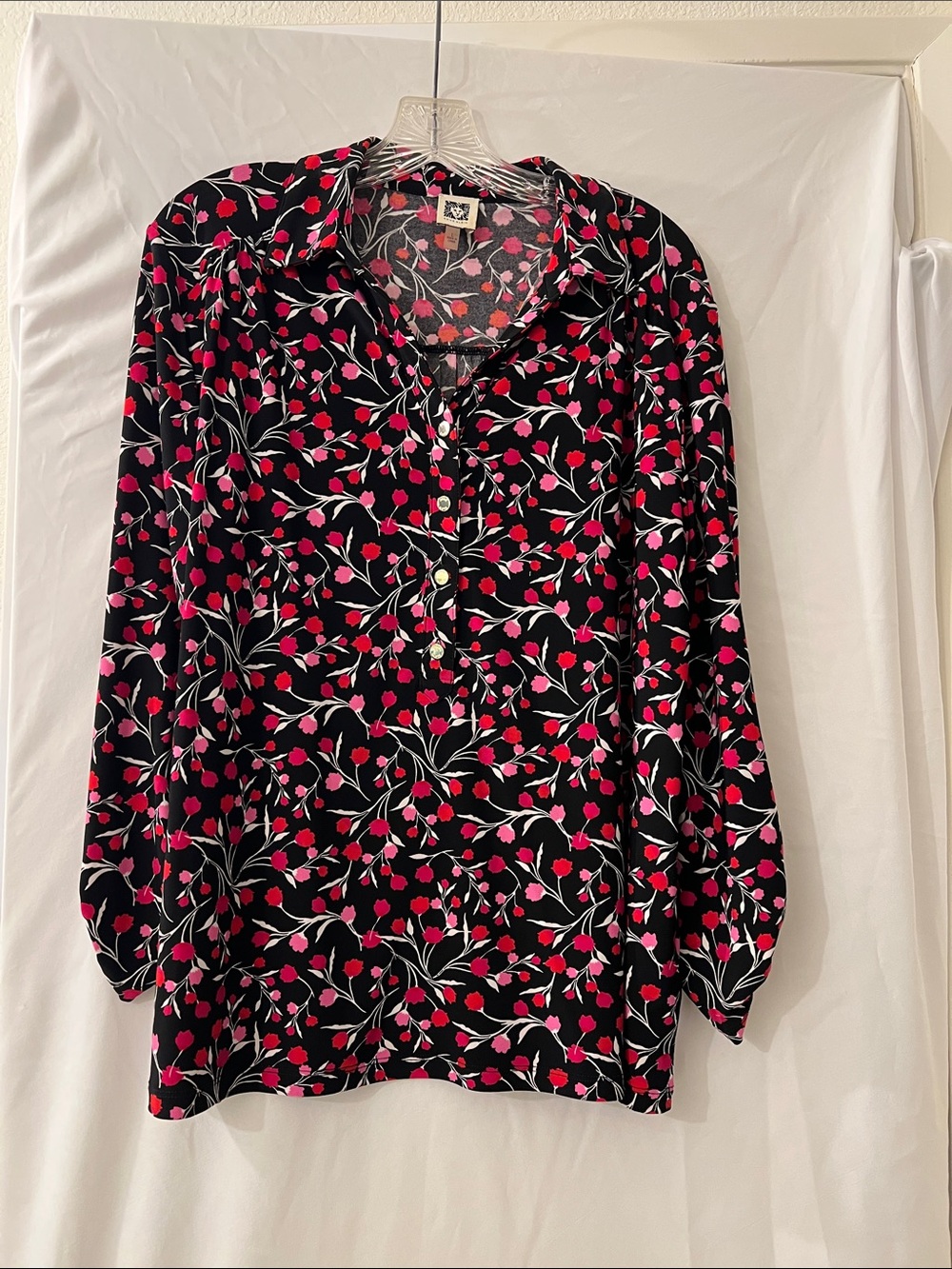 Anne Klein Black Button-Down Blouse with Pink and Red Floral Print